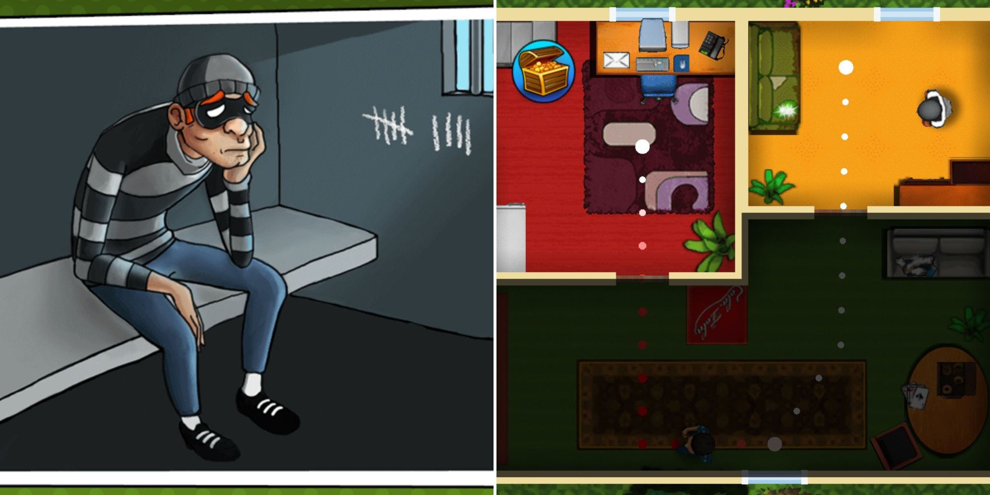 Bob sitting in his jail cell (left) and Bob sneaking in a house to steal loot (right) (from Robbery Bob - The Boss Thief)