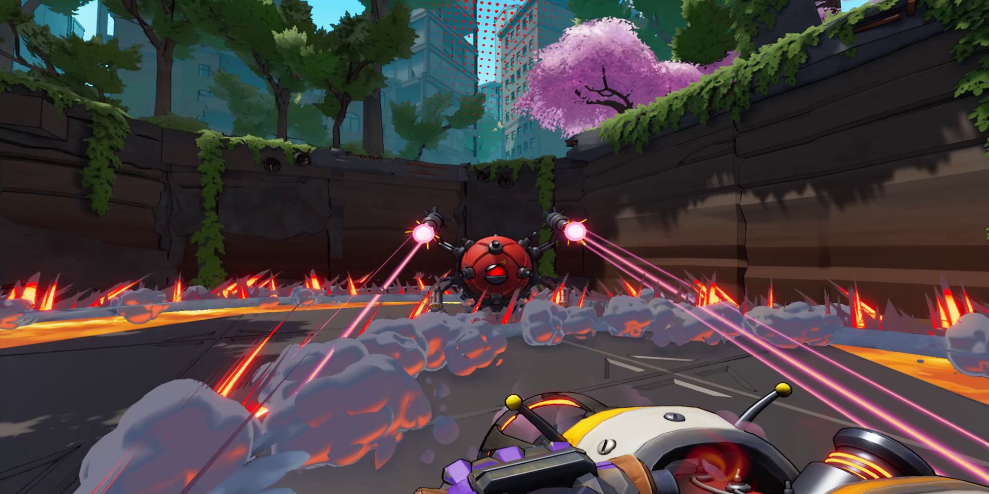 The player uses the drain affix in the middle of a battle as the enemy shoots lasers at them in Roboquest