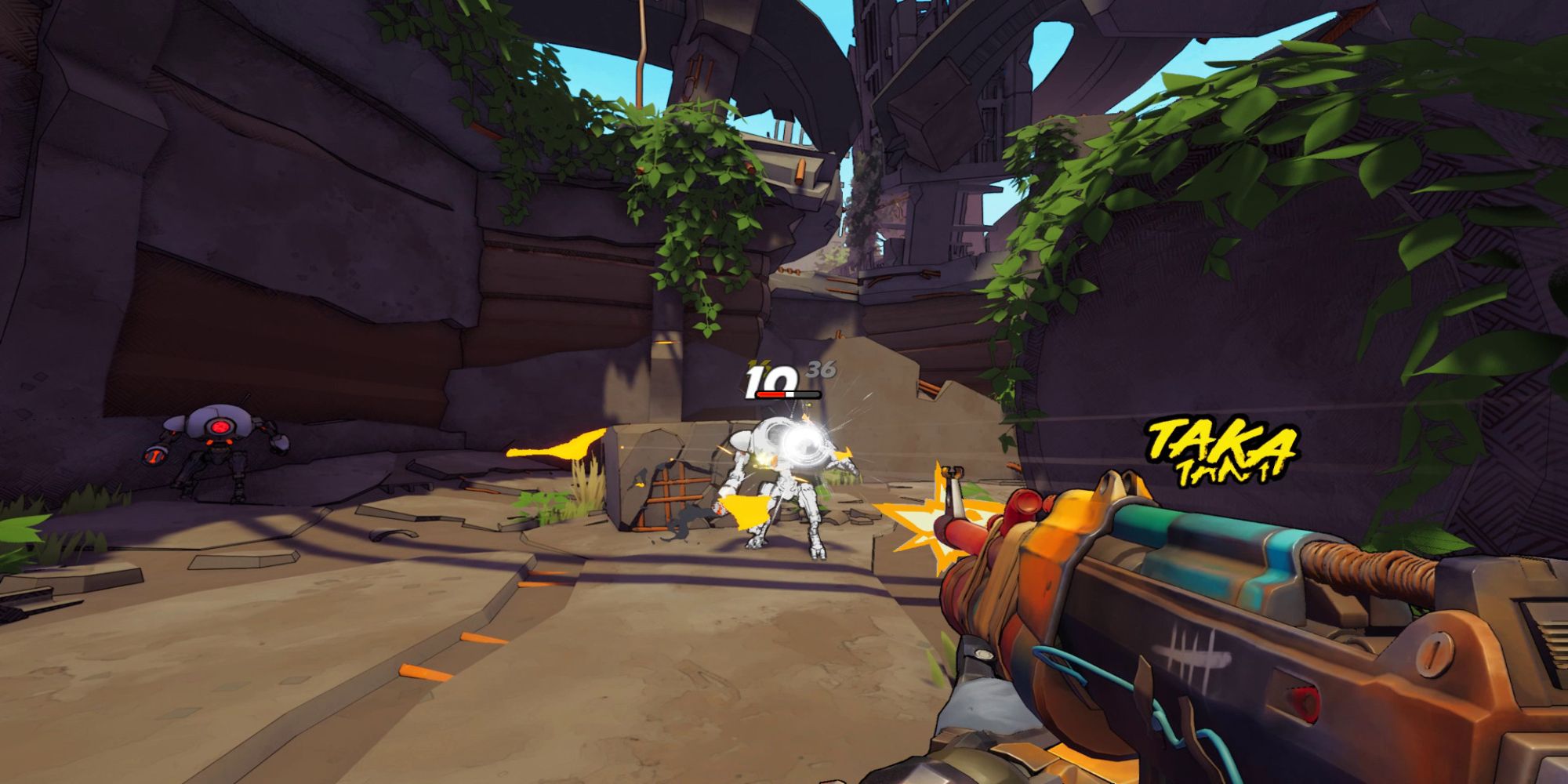 The puncture affix is attached to the gun as the player shoots at a robotic enemy