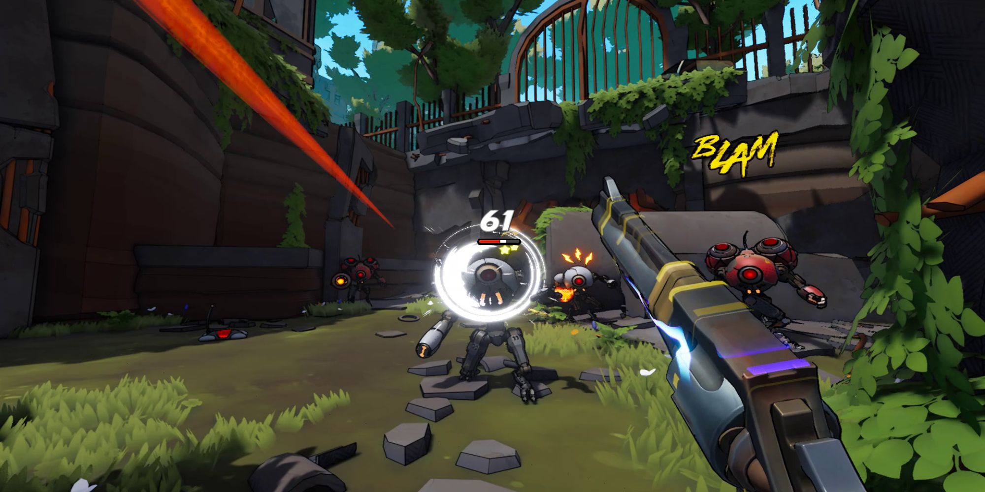 players shoot multiple robotic enemies with the Seeker Affix on their gun in Roboquest
