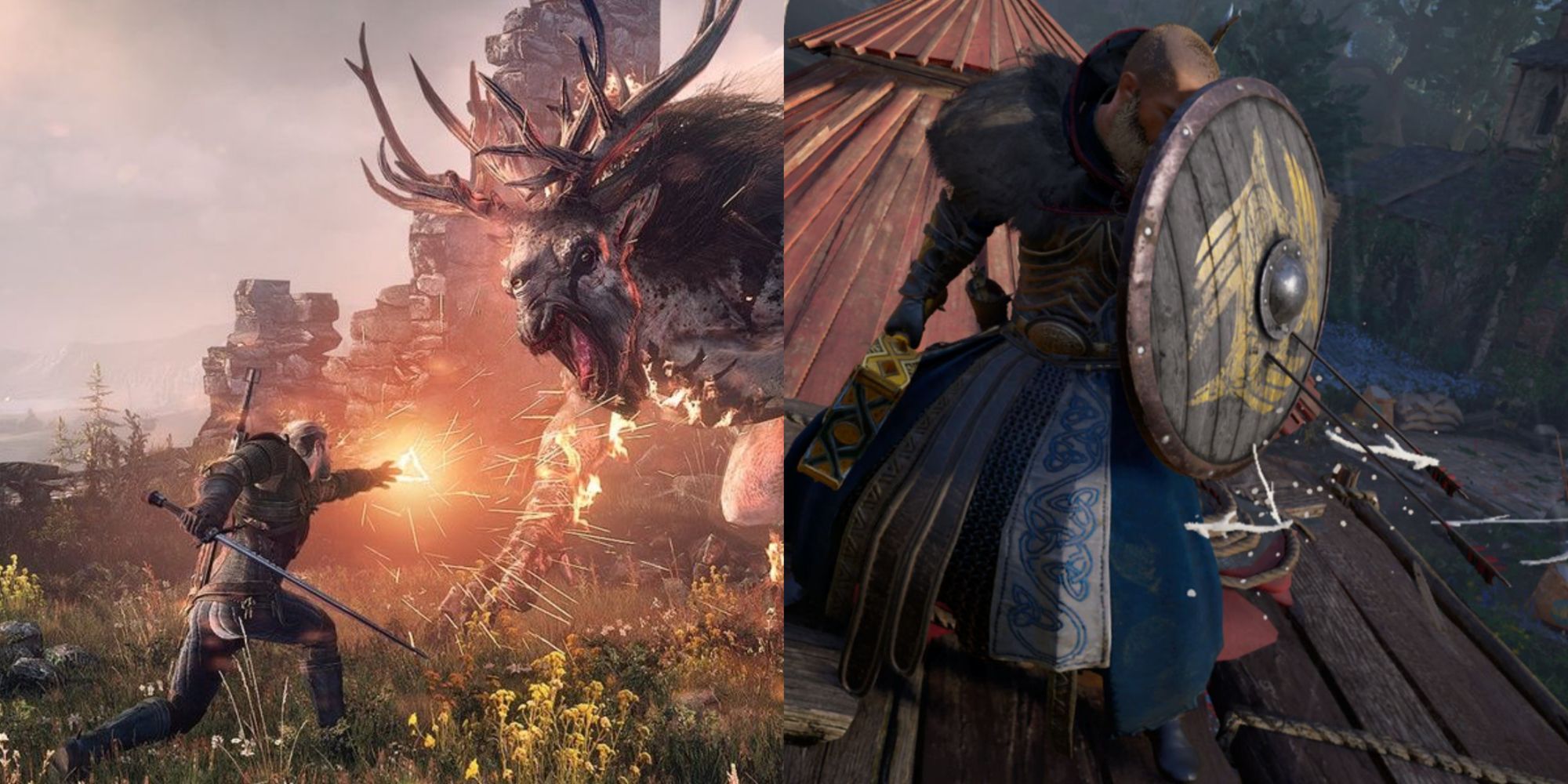 RPGs With No Party Members Featured Split Image Witcher 3 and Assassin's Creed Valhalla