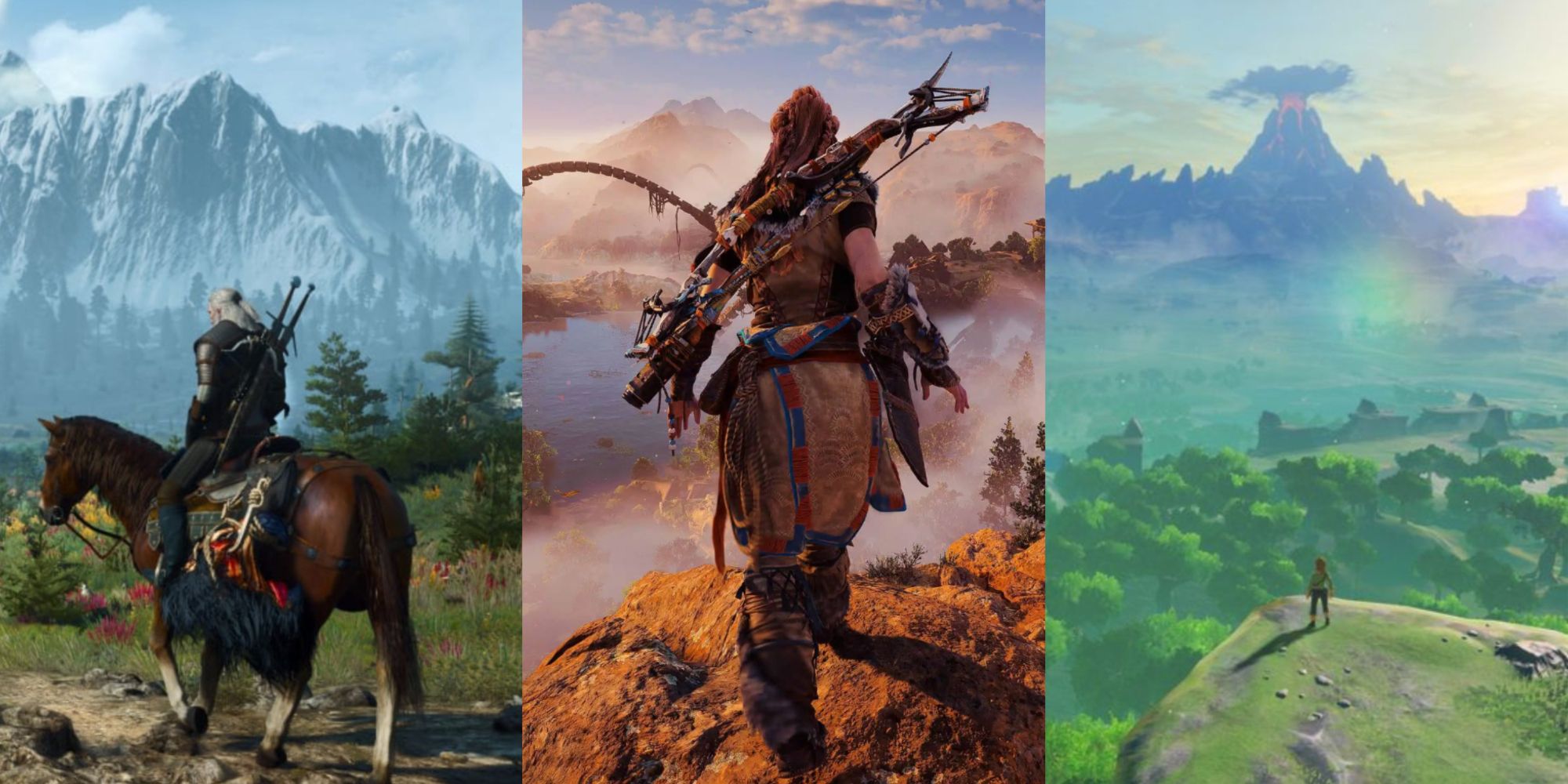 Collage of RPGs With The Best Exploration, featuring The Witcher 3: Wild Hunt, Horizon Forbidden West, and the Legend Of Zelda: Breath of the Wild