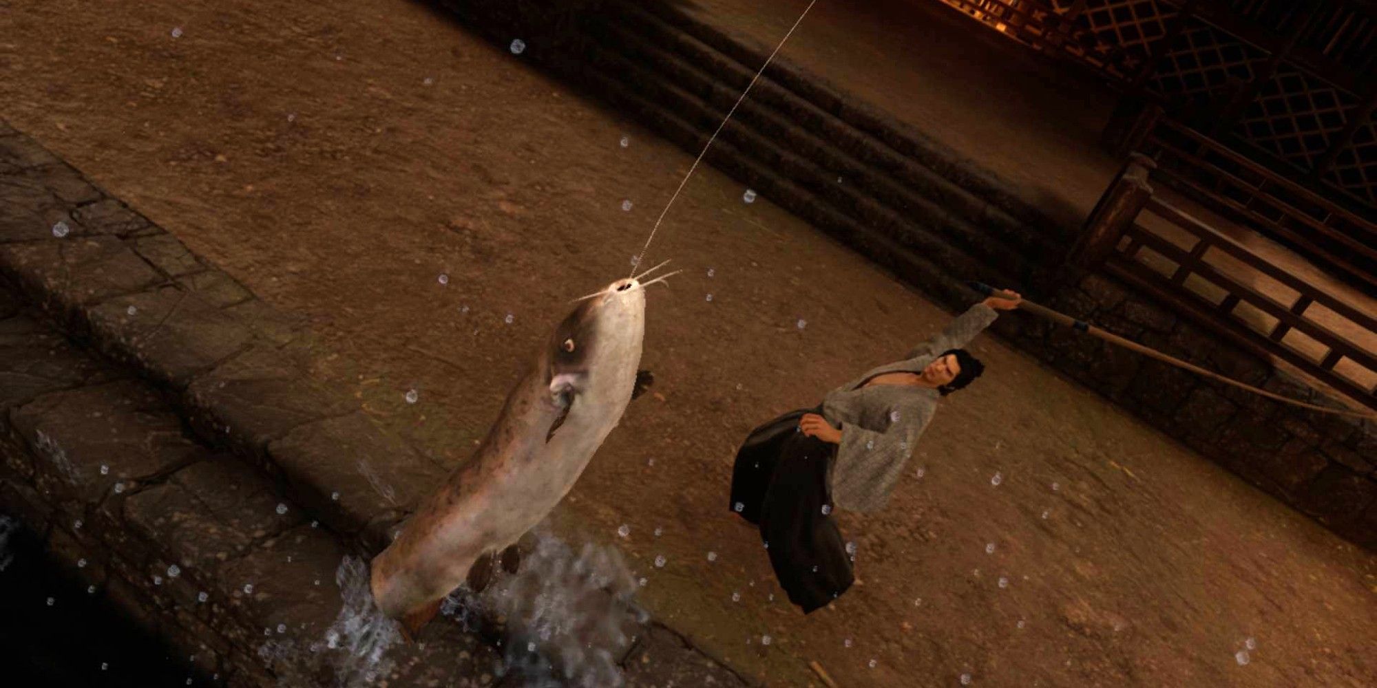 Ryoma Fishing out a catfish one-handed - Like A Dragon Ishin
