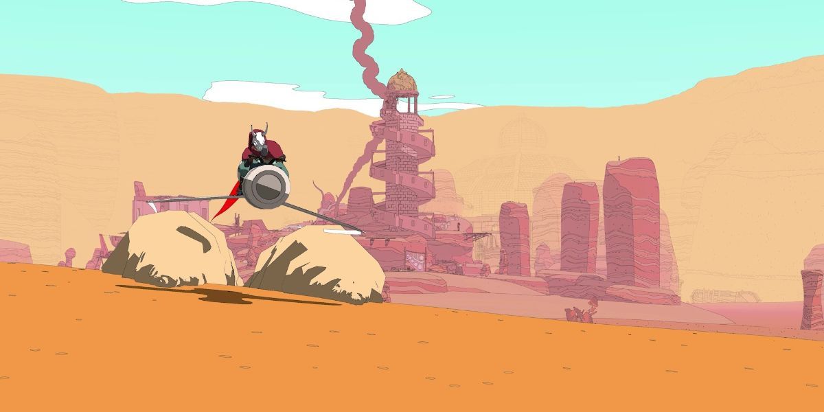 A screenshot of the main character Sable riding a hoverbike in the desert with a city in the background