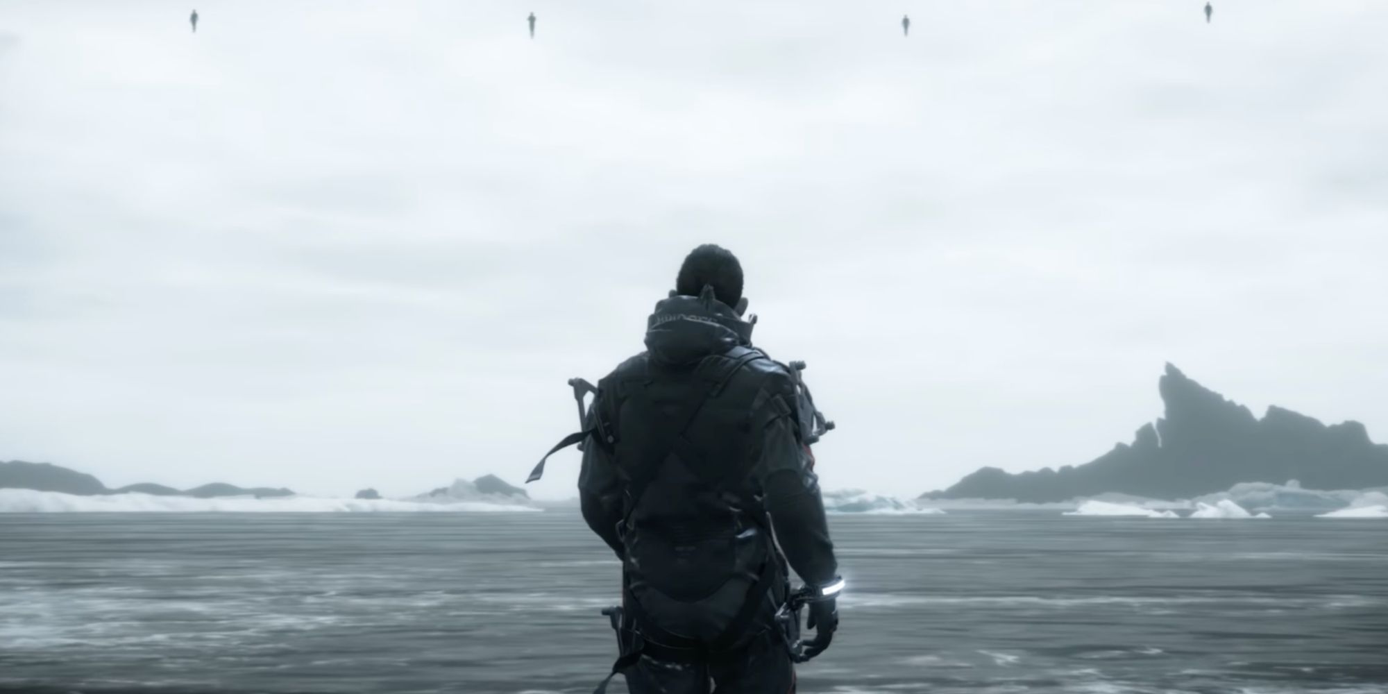 Sam from Death Stranding Staring at Four Floating Figures