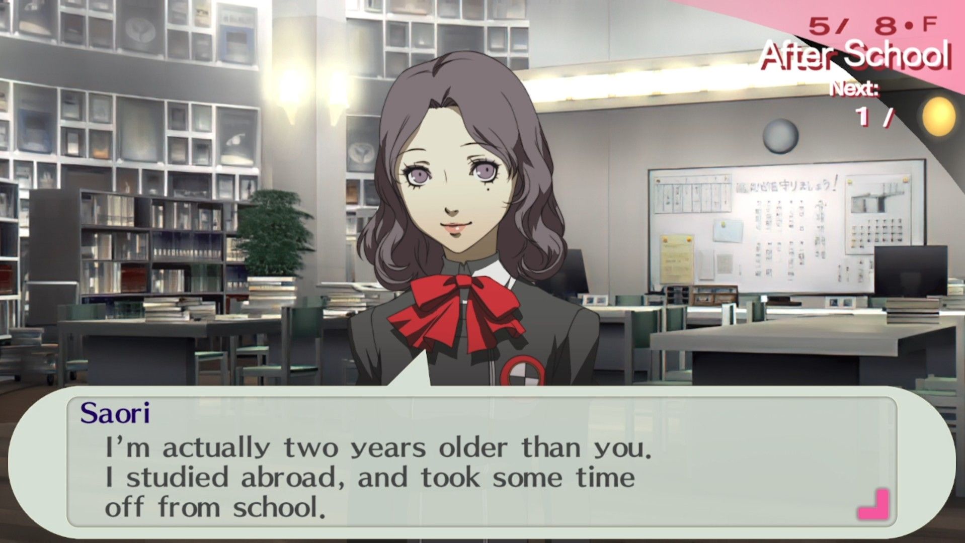 saori explaining her age gap to the player in persona 3 portable