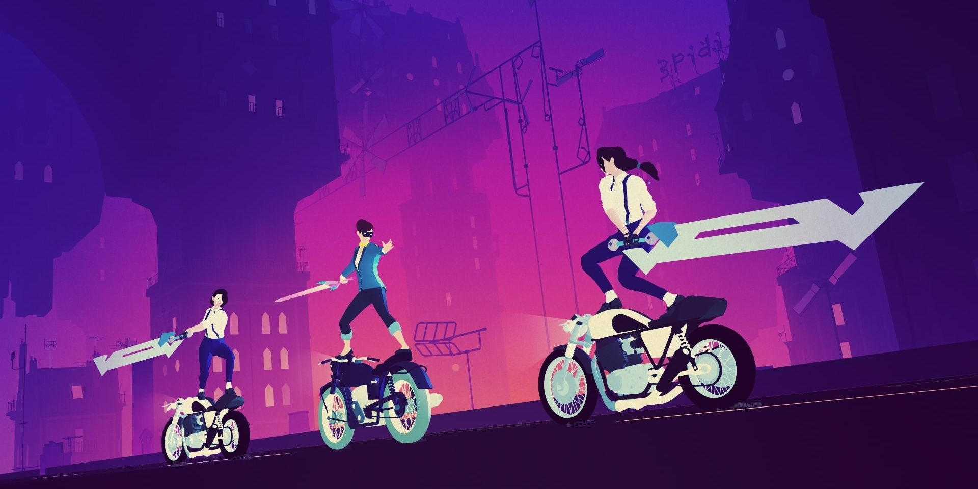 Sayonara Wild Hearts Motorcycle Fight are characters standing on bicycles with swords.