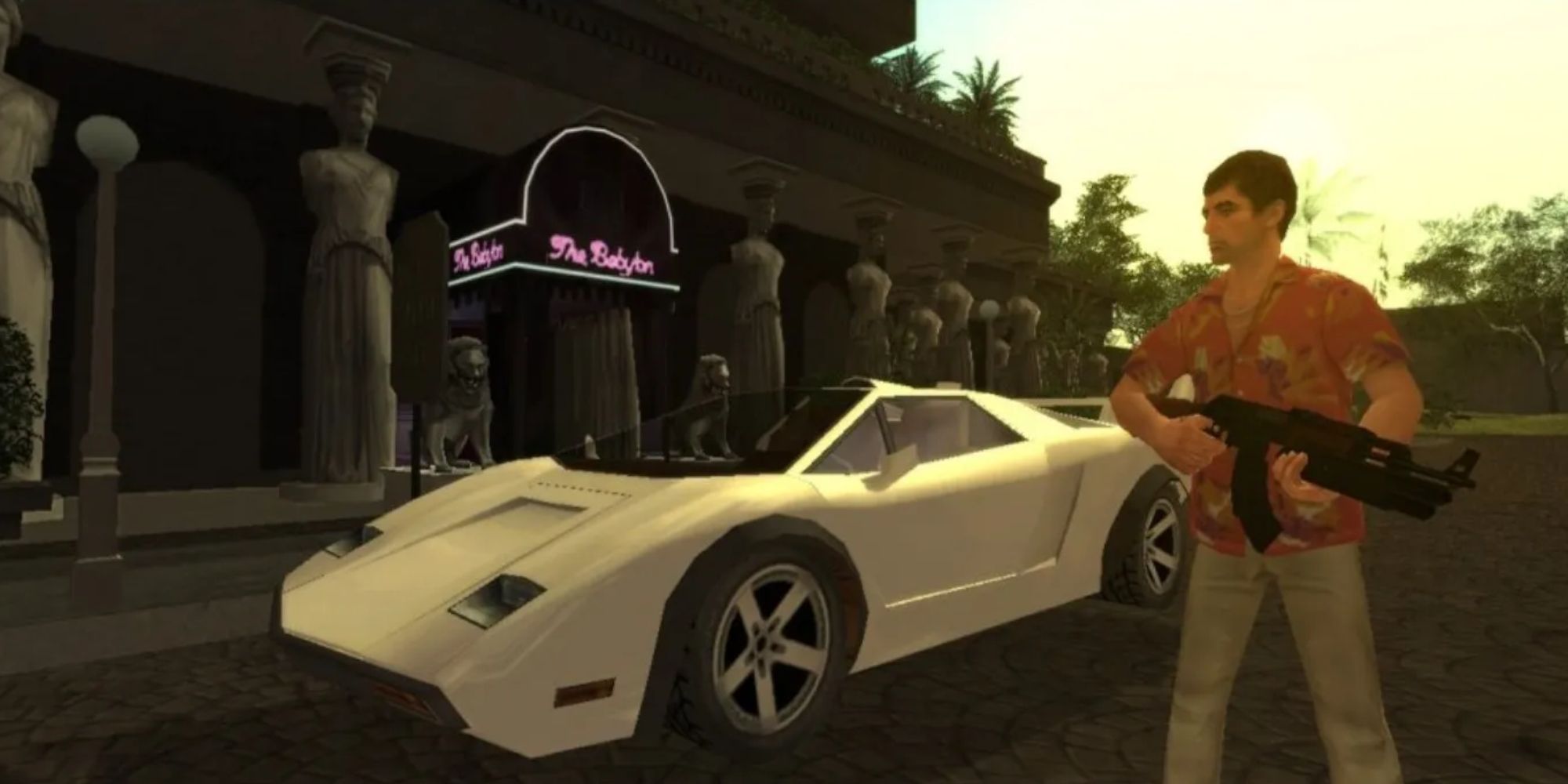 Scarface Tony Montana with gun near his supercar