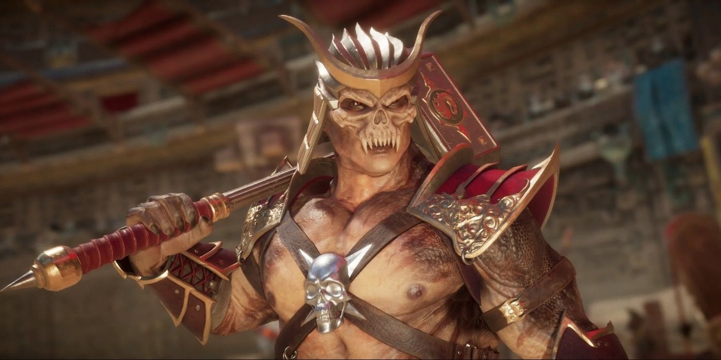 Shao Kahn holding his hammer on his shoulder in Mortal Kombat 11