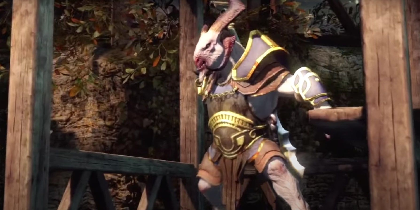 A screenshot of a Satyr General during the entrance cutscene, jumping into the canopy to command his soldiers to attack Kratos, with a roaring tone.