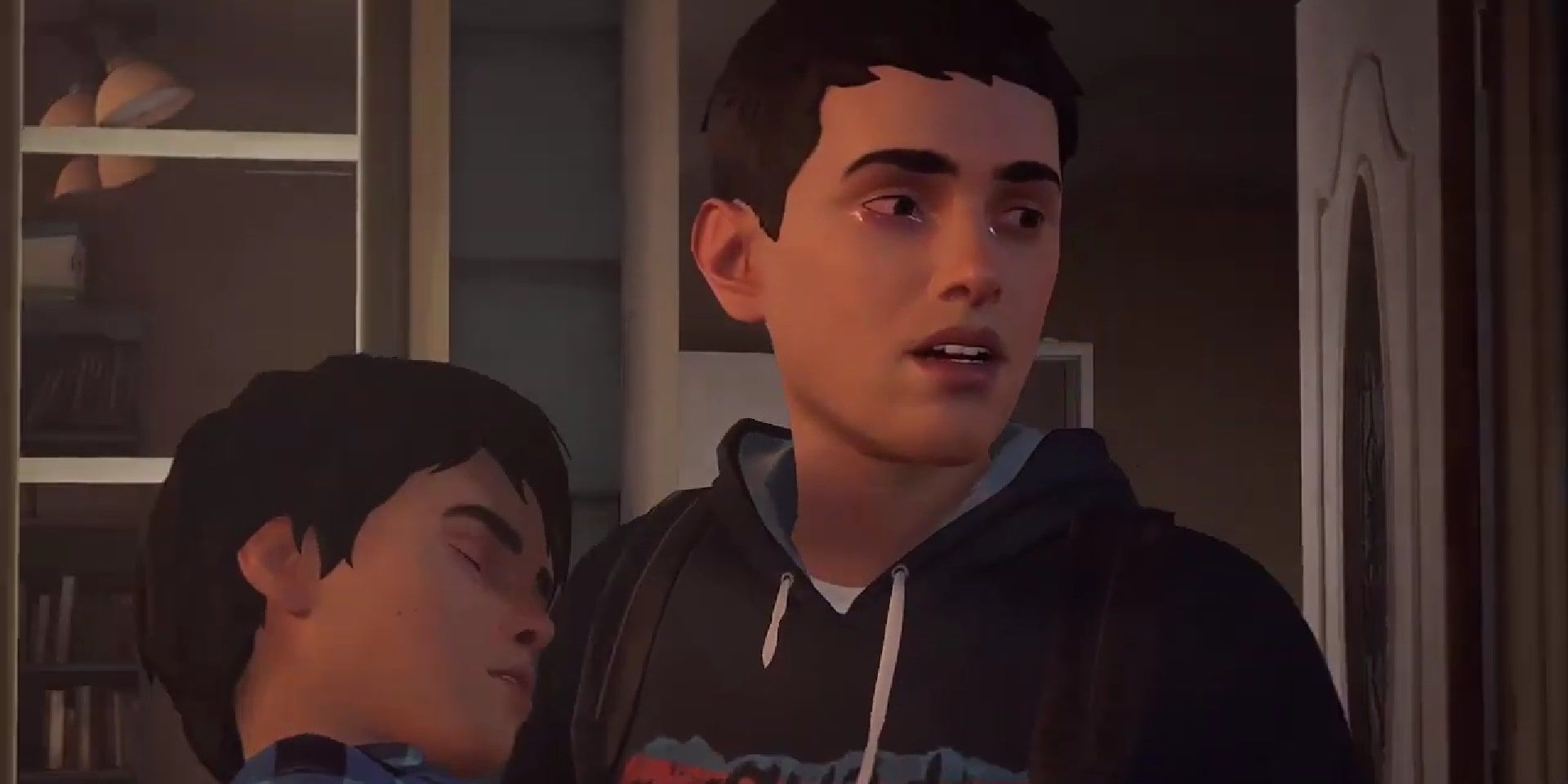 Sean crying and running with an unconscious Daniel in his after the tragic incident that played out by their home in Life is Strange 2