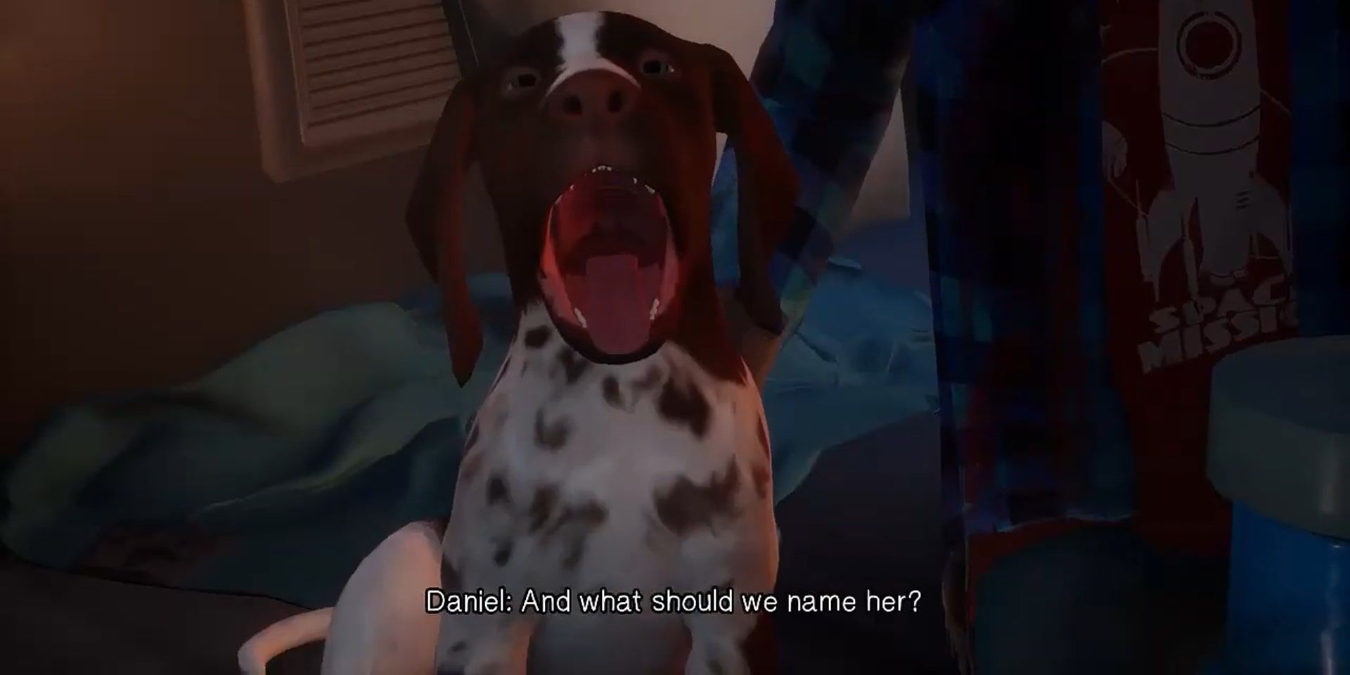 Heartwarming moment after the brothers escape and are on the road with Brody, where they name Mushroom, who's yawning cutely in Life is Strange 2