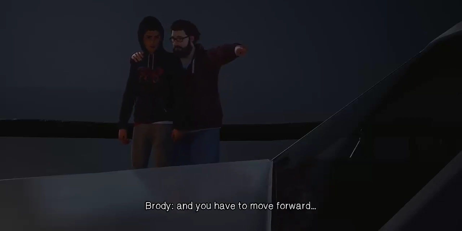 Brody having a heart-to-heart with Sean by wrapping his arm around his shoulder and telling him of how he needs to look after Daniel in Life is Strange 2