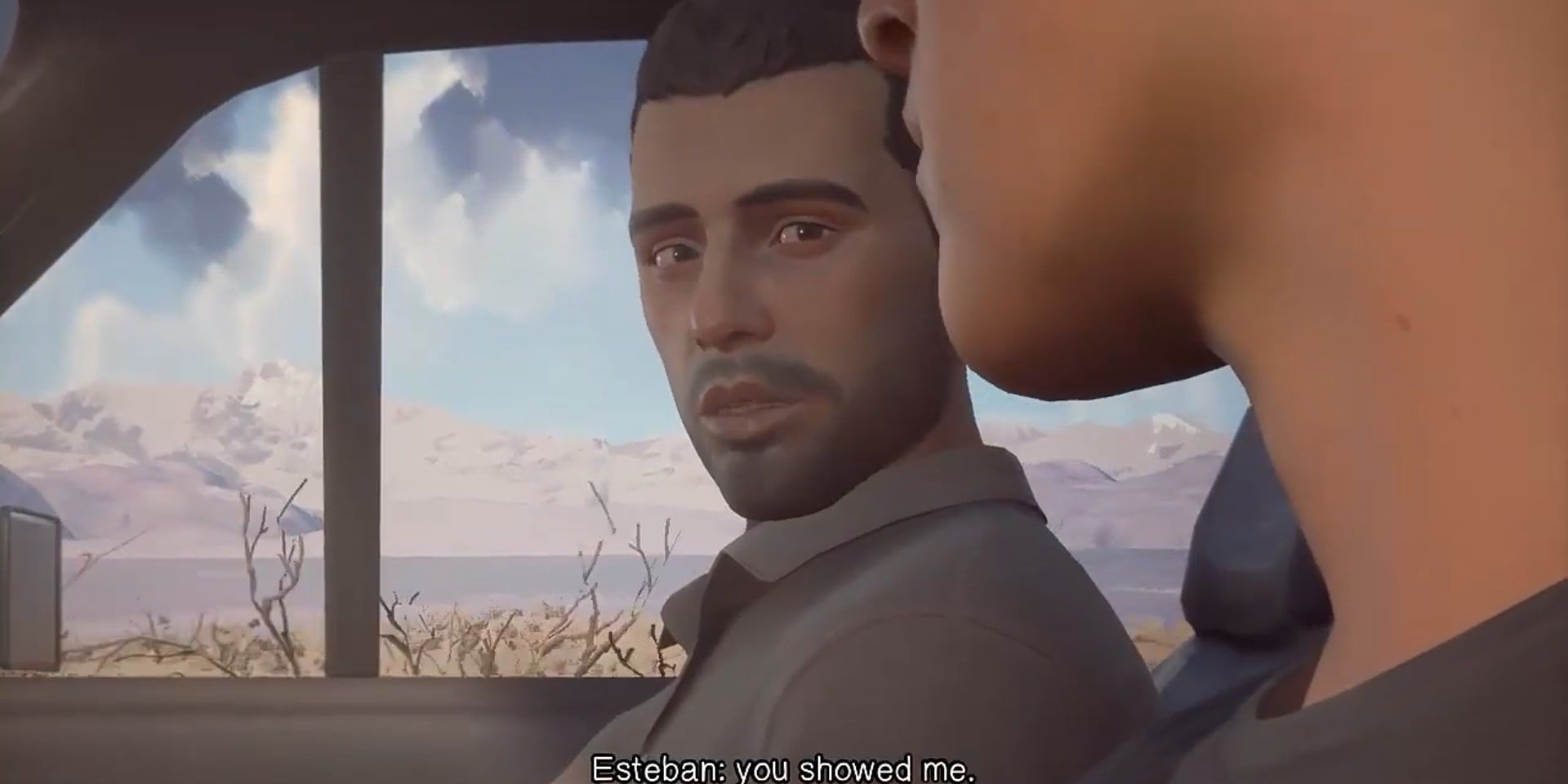 Sean driving on the road while his dad offers him loving words in a poignant dream sequence in Life is Strange 2.