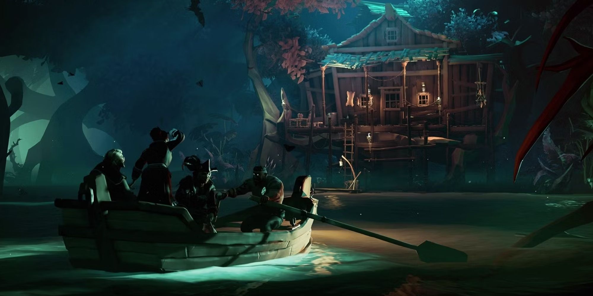 Pirates in a dark forest, rowing towards a cabin.