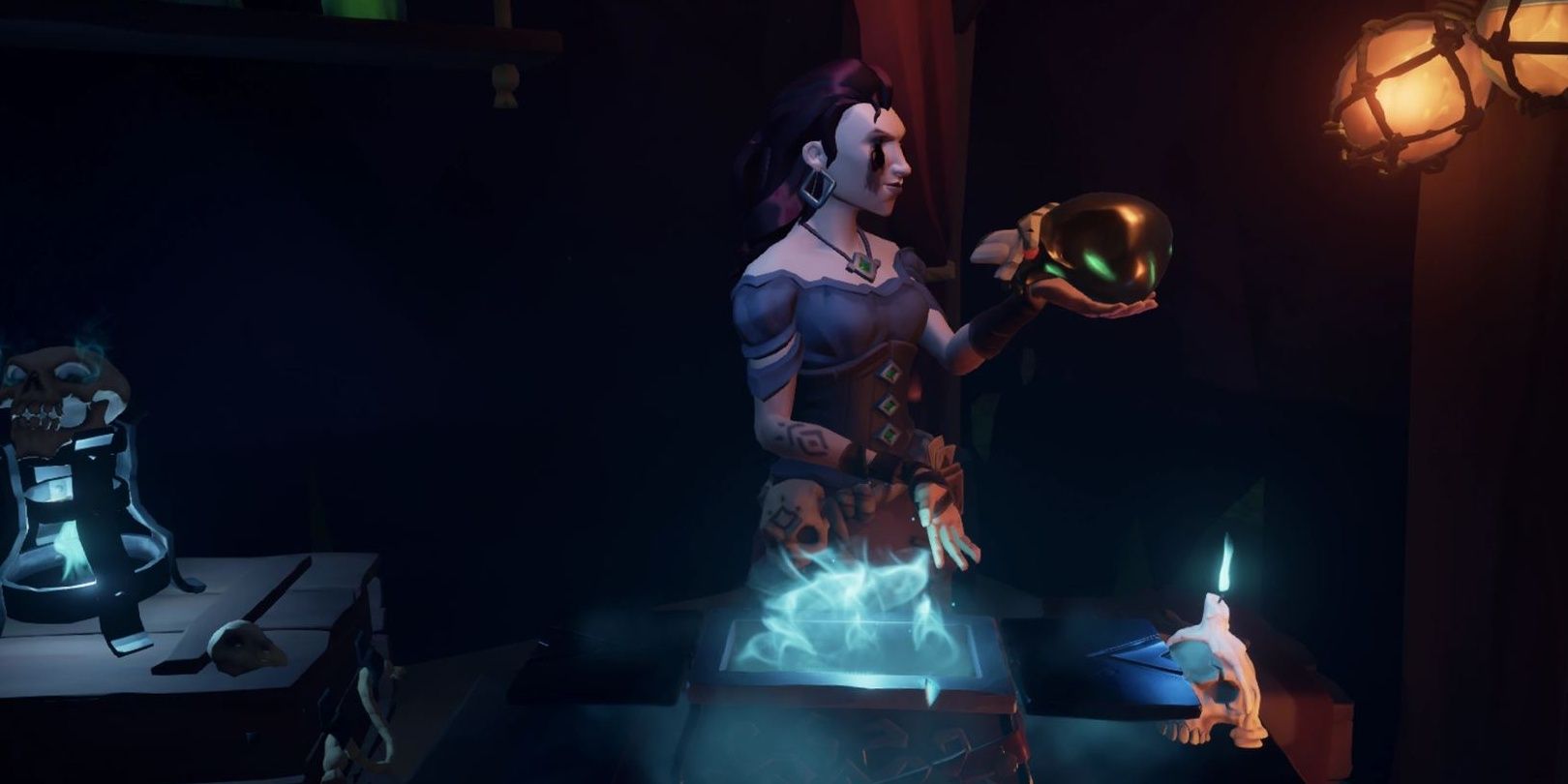 Madame Olivia holding a skull in her hand in Sea of Thieves