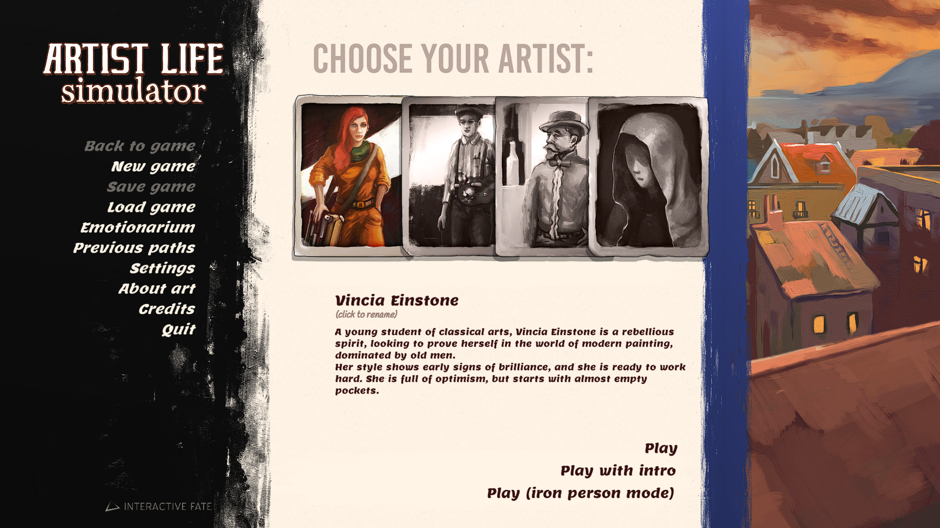 The title and character select screen from Artist Life Simulator