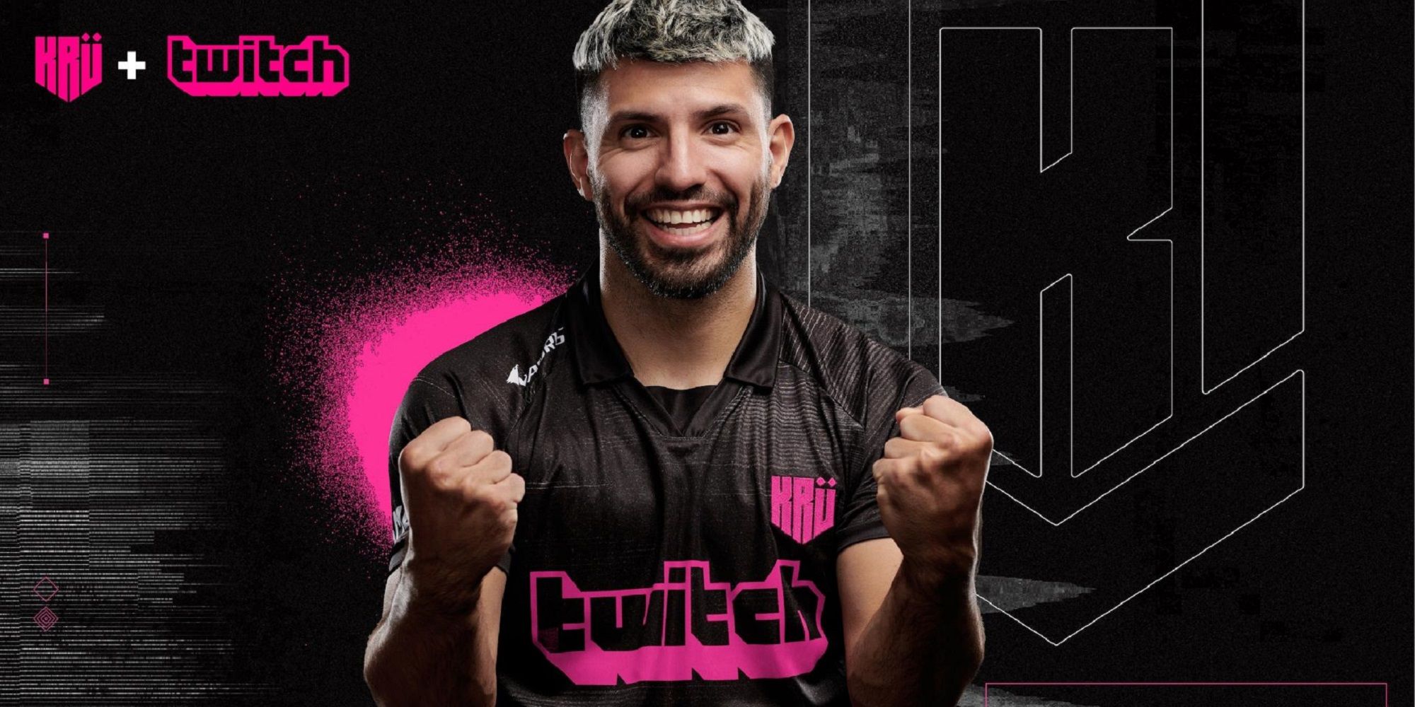 sergio aguero poses in front of the kru esports logo