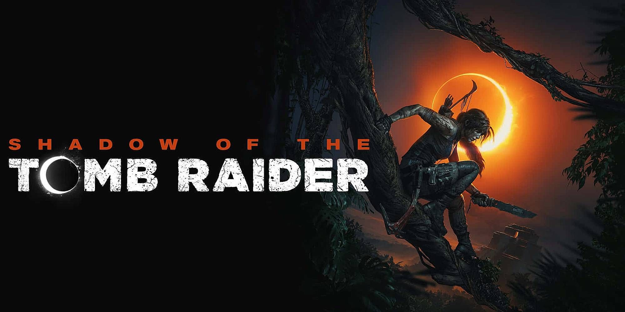 Lara Croft rests on a tree as an eclipse is in the background in Shadow of The Tomb Raider splash art