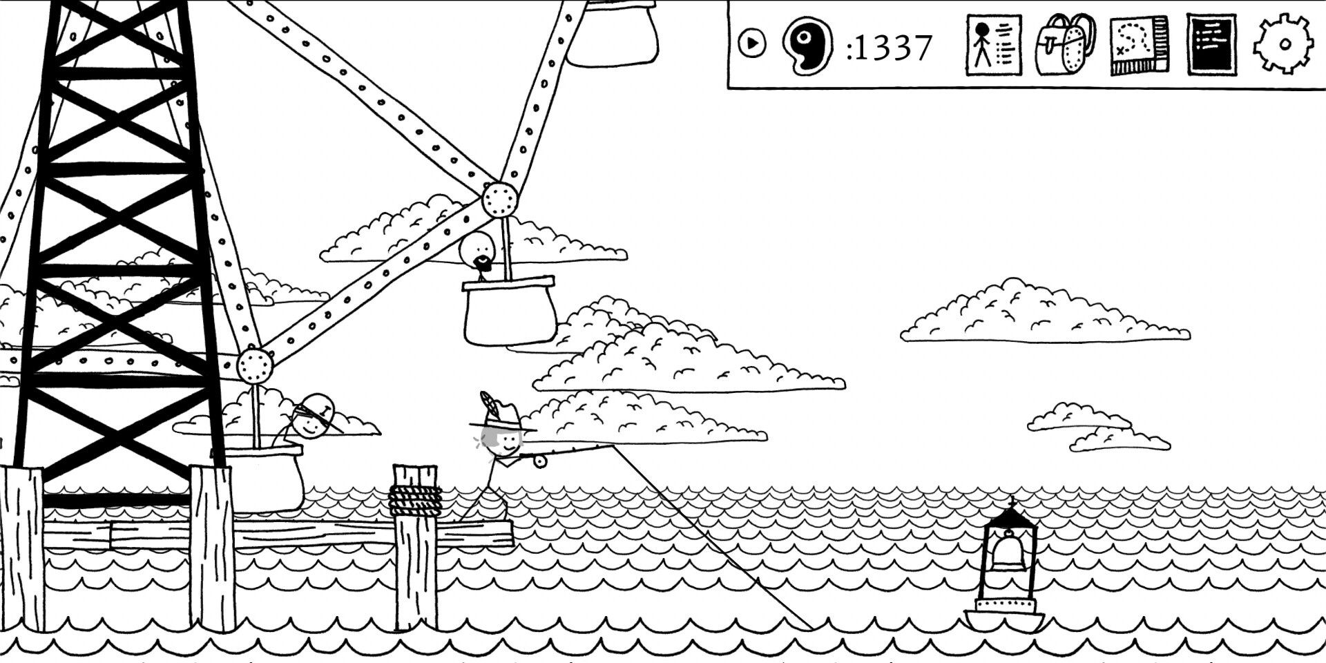 The main character fishing near a ferris wheel in Shadows Over Loathing