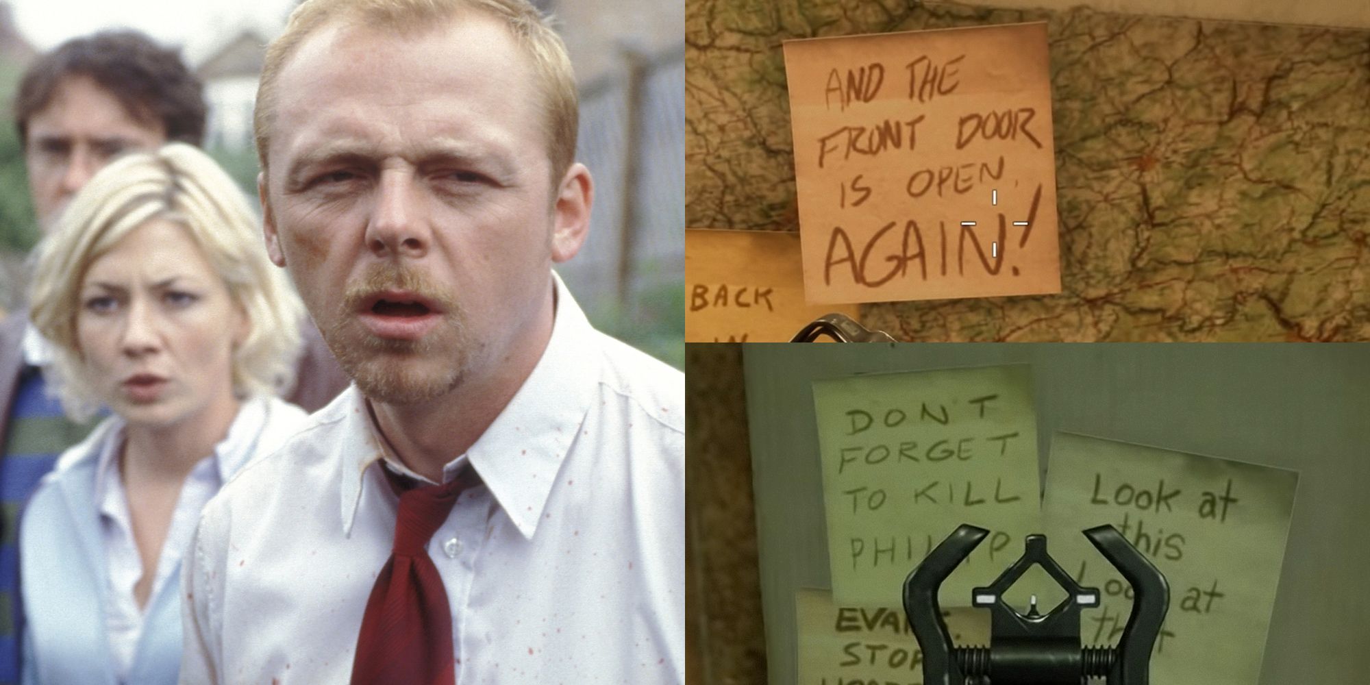 Split image with three photos. The first is a screenshot from the film Shaun of the Dead. The second is a post-it note in Back 4 Blood that reads "And the front door is open again!" The third is a post-it note in Back 4 Blood that reads "Don't forget to kill Philip."