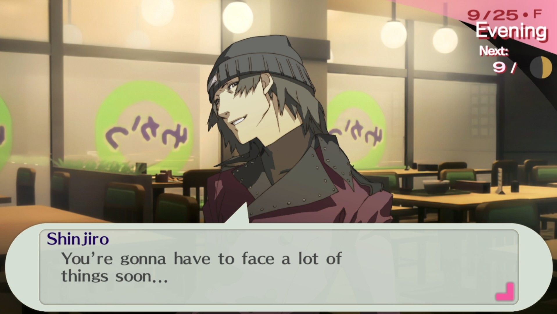 shinjiro bashfully talking with the female protagonist about facing things in persona 3 portable