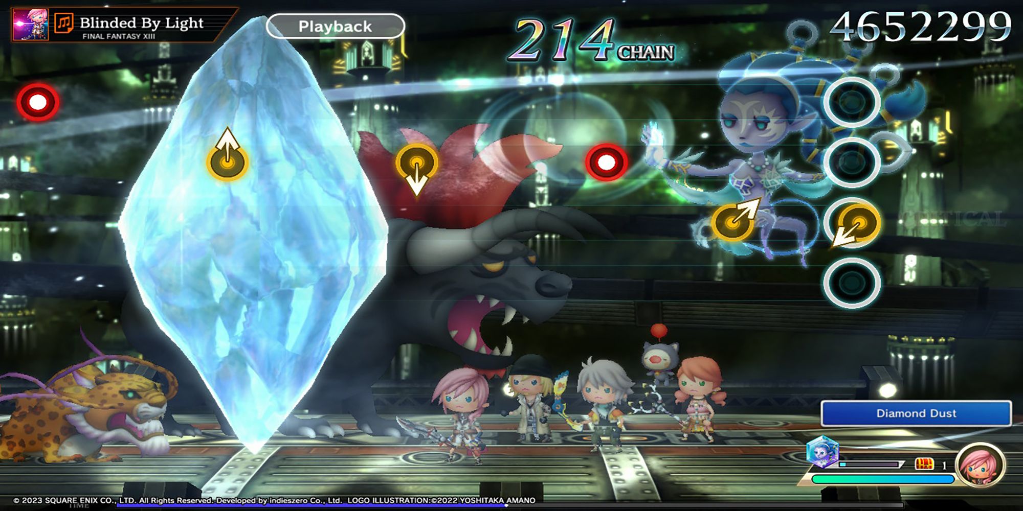 Shiva assists Lightning, Snow, Hope, and Vanille with a giant diamond ice attack during battle in Theatrhythm: Final Bar Line.