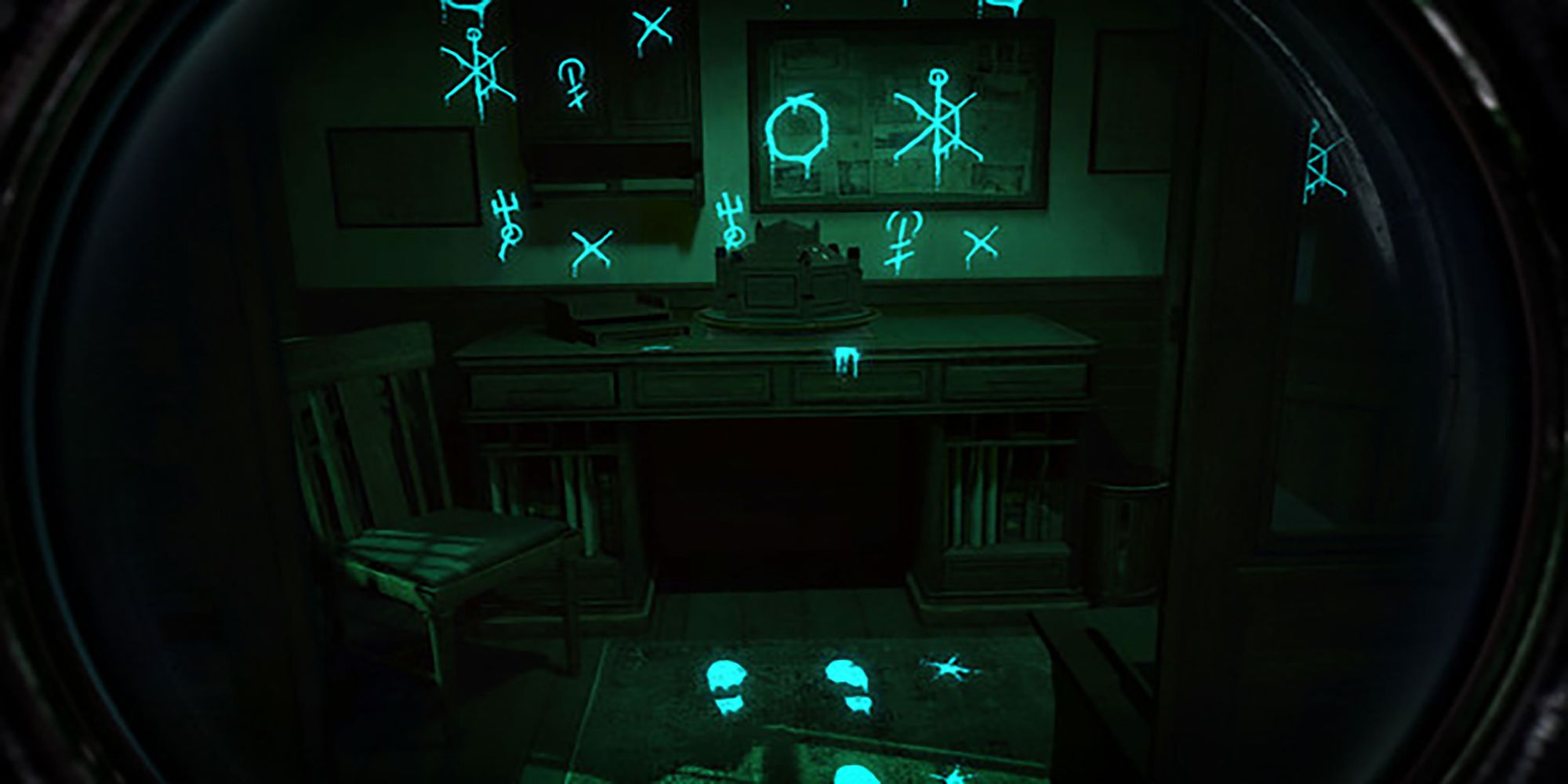 A detective uses an ancient artifact to uncover markings in an office in The Room VR: A Dark Matter.