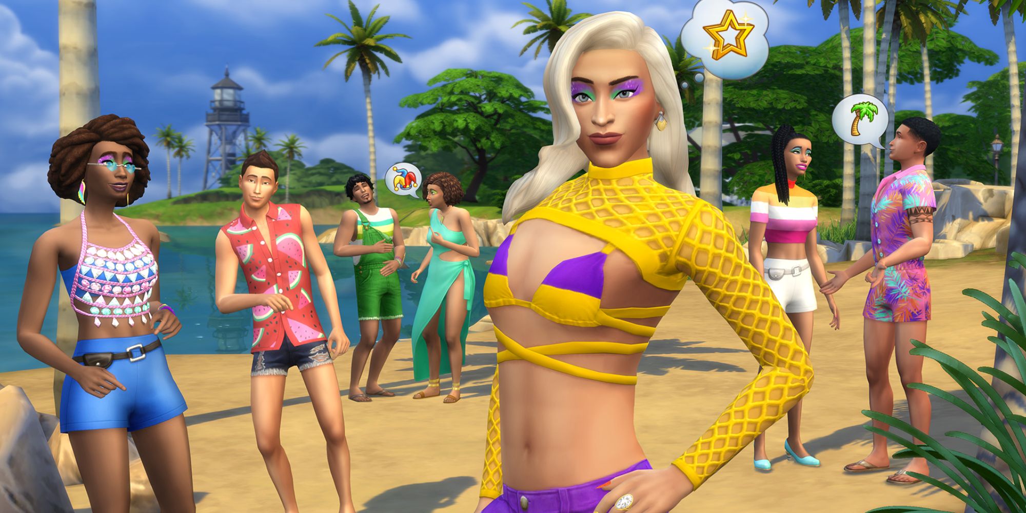 Sims 4 Carnaval wear worn by 7 sims on a beach of differing genders.