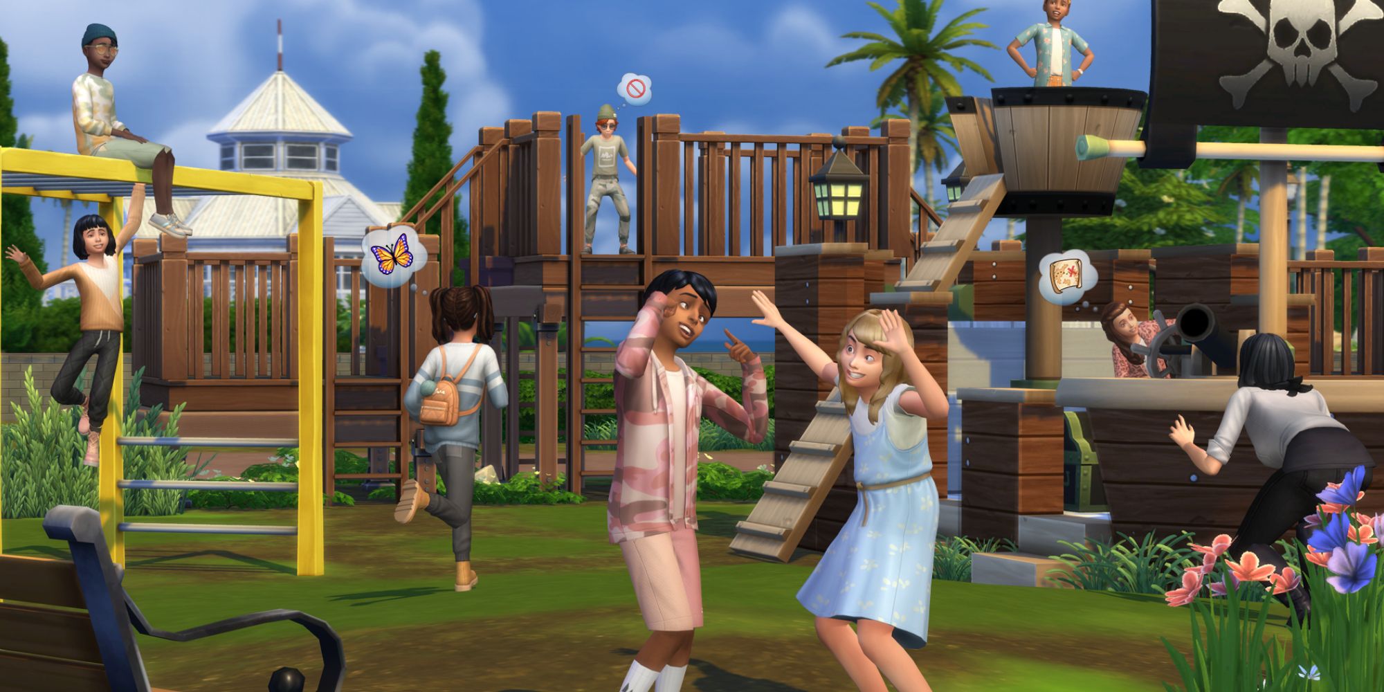 Sims 4 first fits 9 kids on a playground in new clothing
