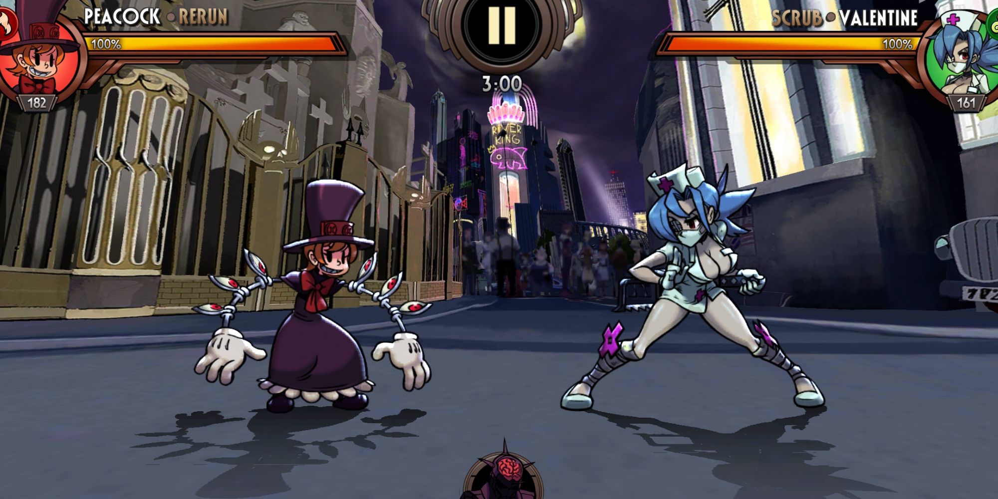 Peacock and Valentine facing each other in a match (Skullgirls: Fighting RPG)