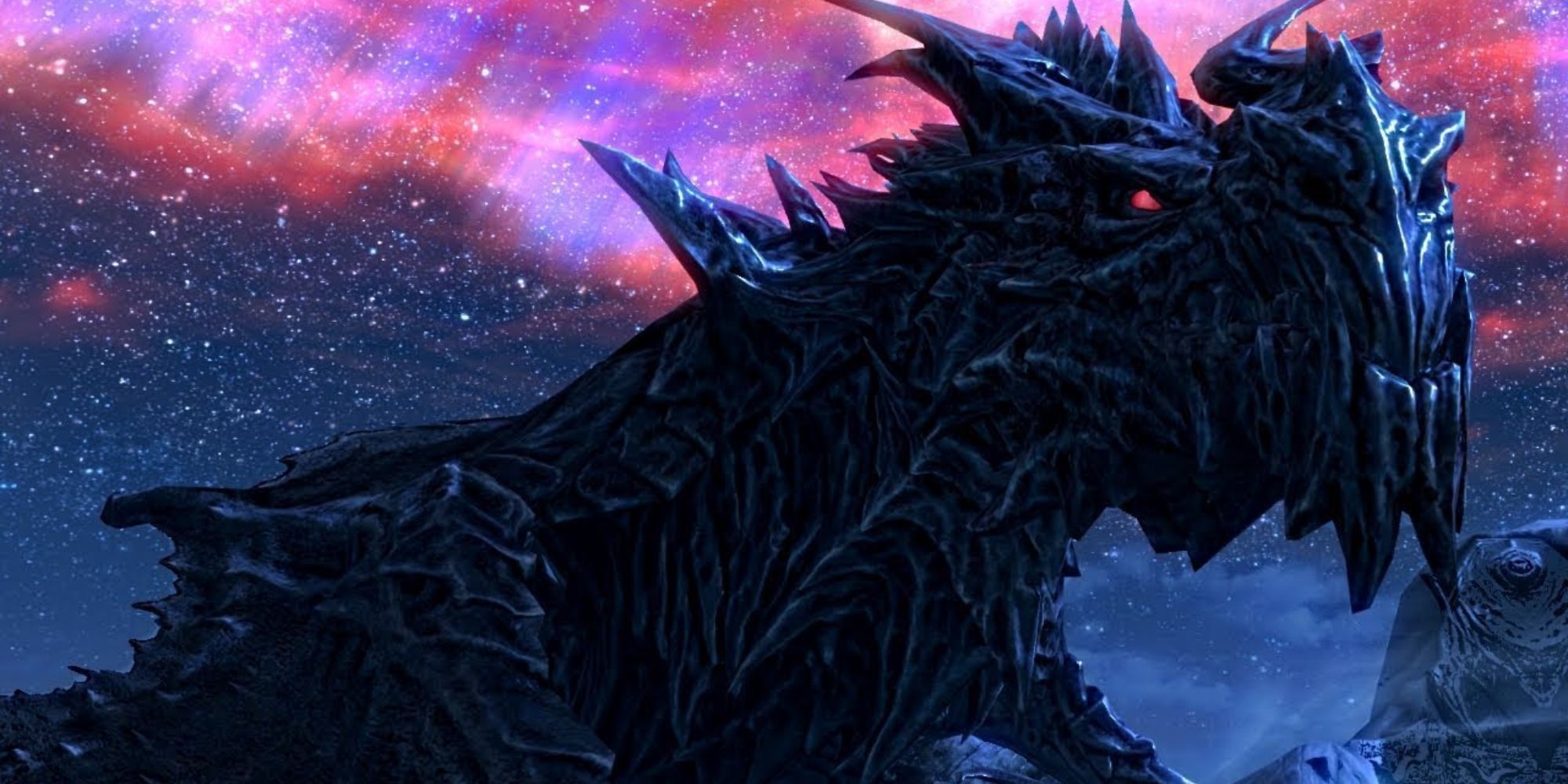 A close-up of Alduin with Sovngarde's Aurora and sky in background.