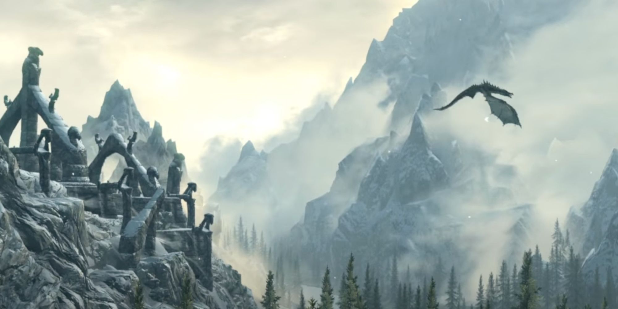 Dragon Flies In Skies Above Ruins In Skyrim