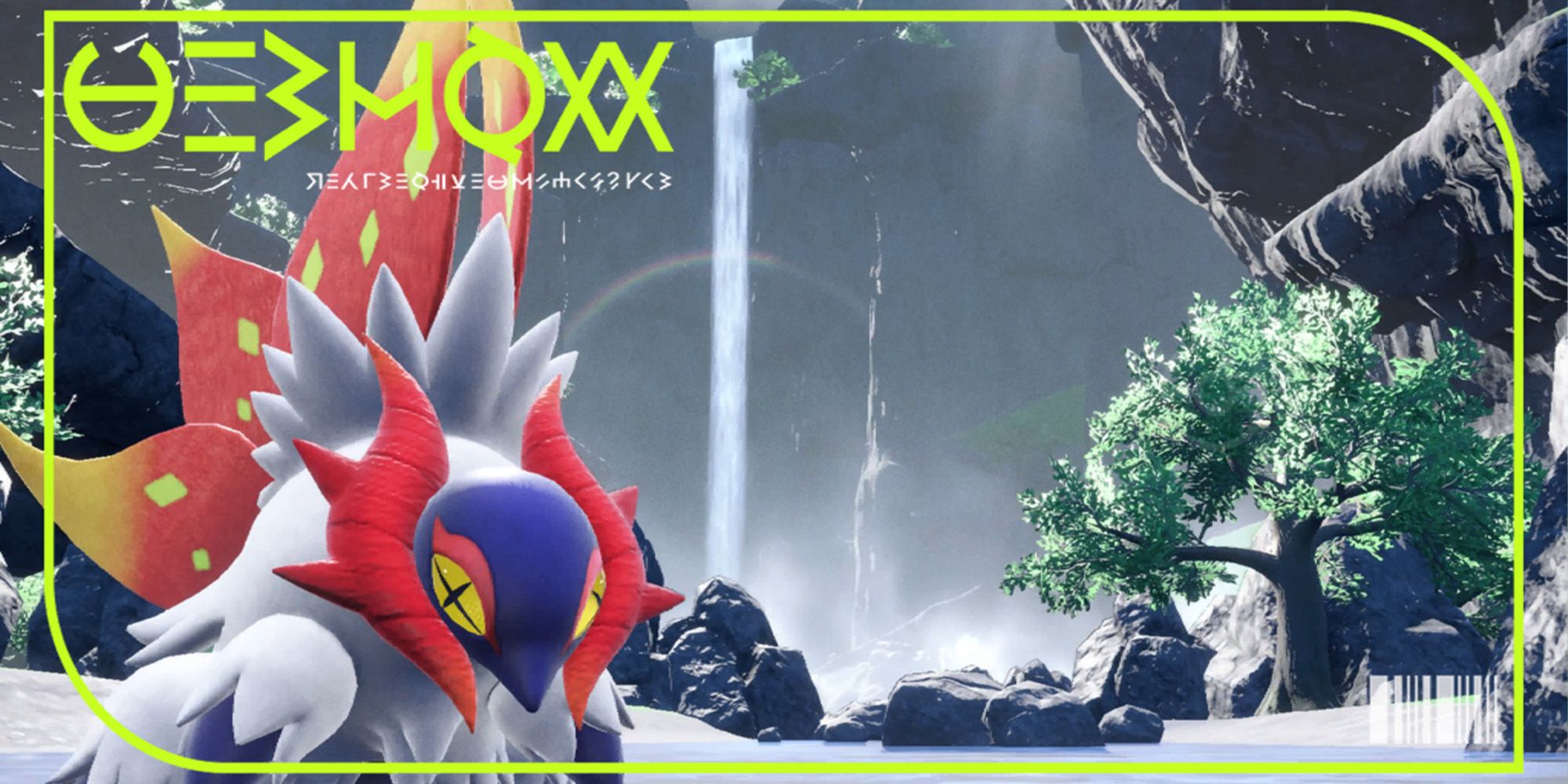 slither Wings standing in area zero with a waterfall in the background in its pokedex picture from Pokemon Scarlet and Violet