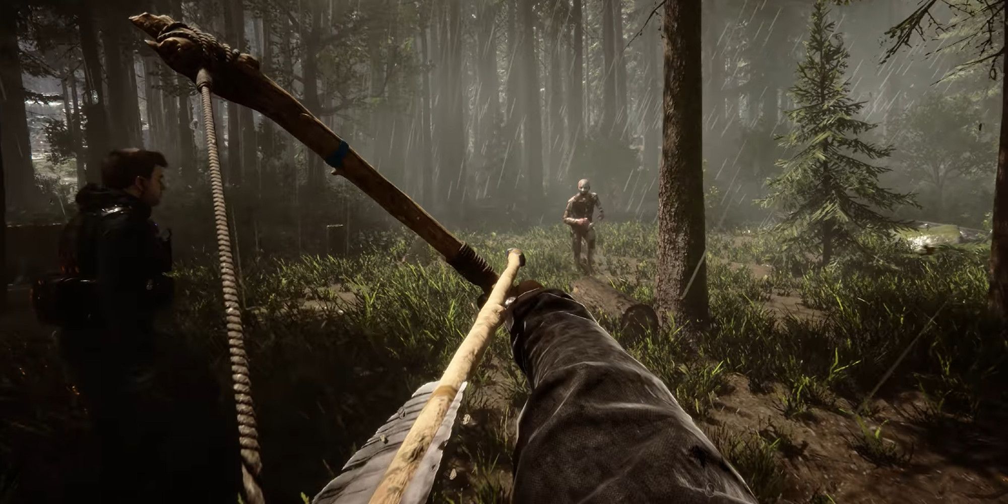 Sons of the Forest player aiming a bow at a cannibal