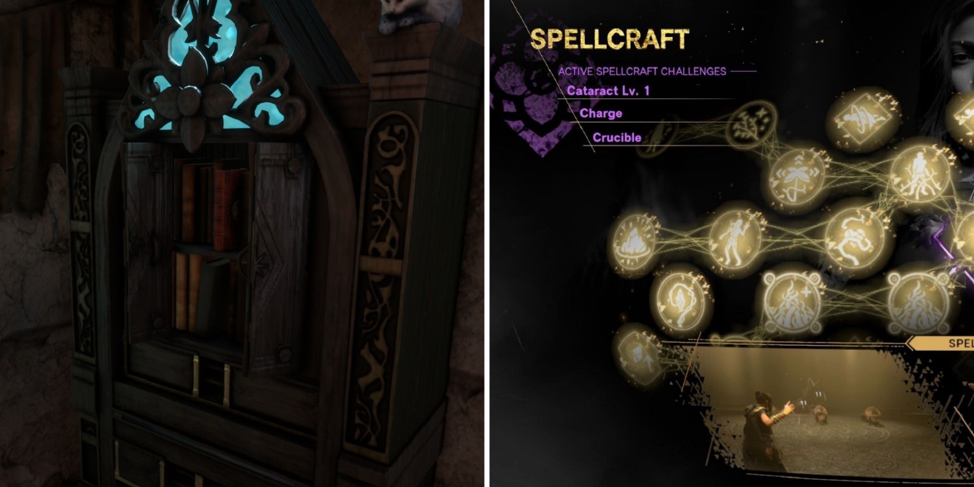 Bookcase In A Refuge And Spellcraft Challenges Show In Upper Left Of Screen In The Bookcase Menu