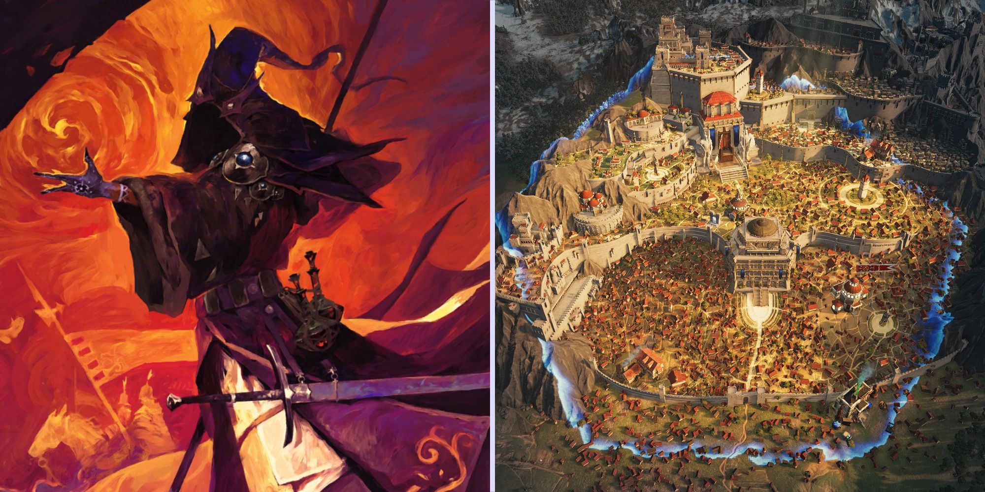 the title screen character and an aerial view of sevenkeeps