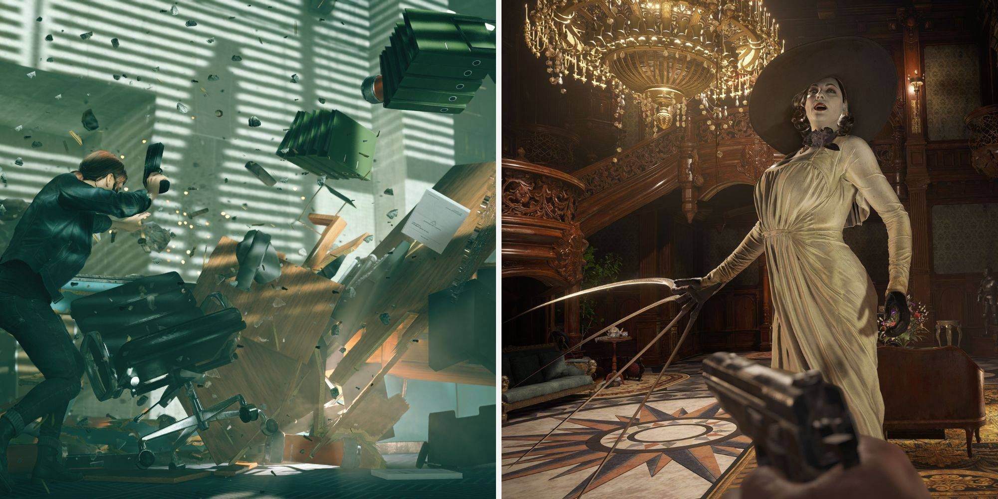 Split image of a scene from Control and Lady Dimitrescu from Resident Evil Village