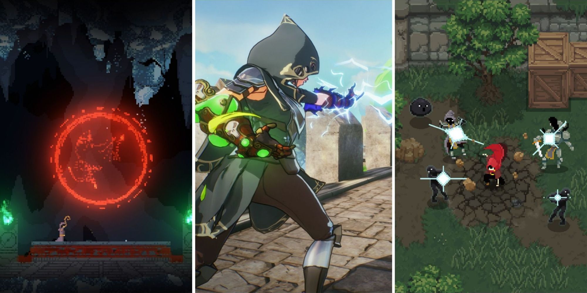 Split image of screenshots of magic from Noita, Spellbreak, and Wizard of Legend