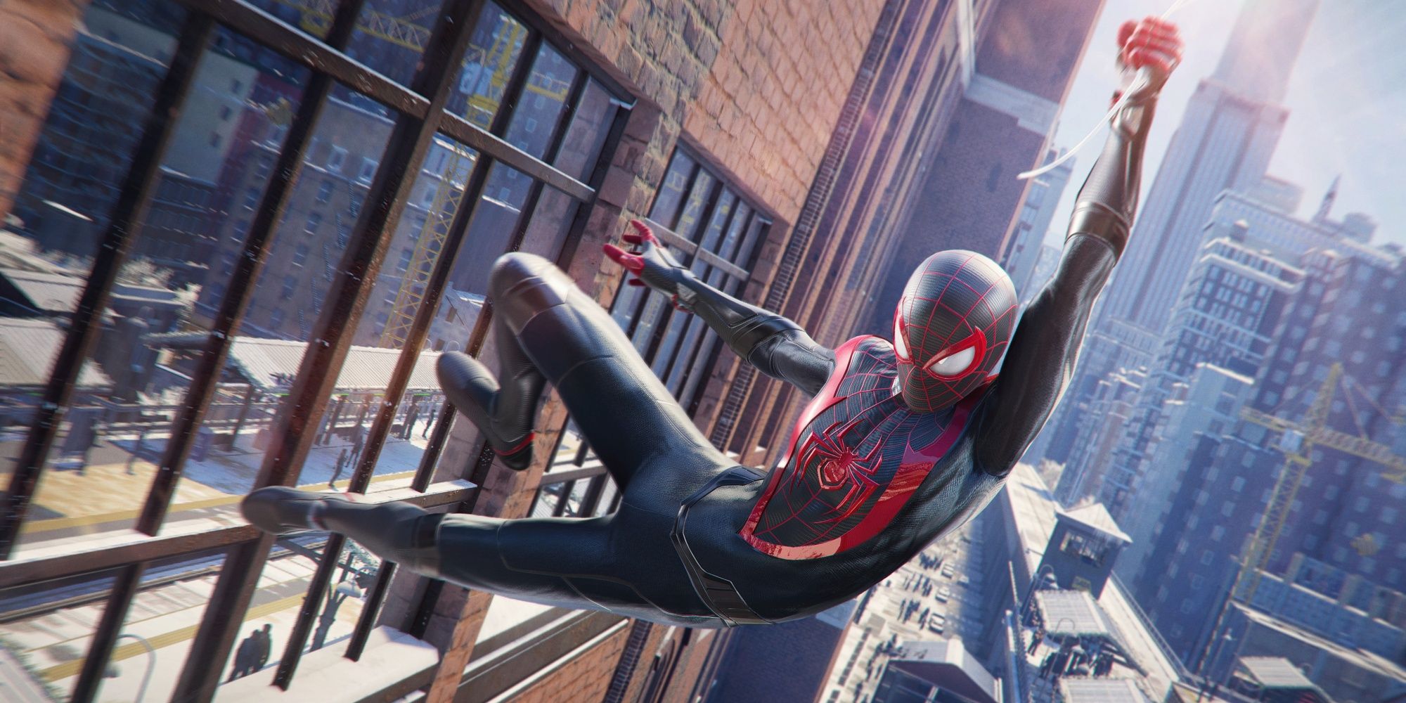 Spiderman Miles Morales: Miles In His Suit Swinging Past A Building