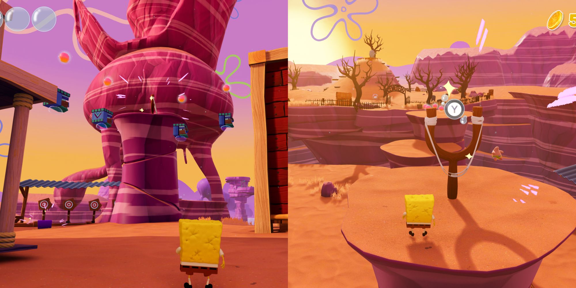 SpongeBob Cosmic Shake Split Image Showing Slingshot Next To Mante Fe