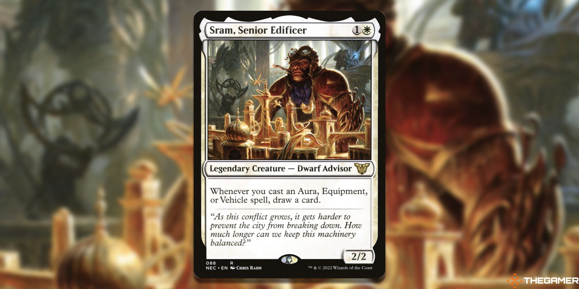Image of the Sram Senior Edificer card in Magic: The Gathering, with art by Chris Rahn