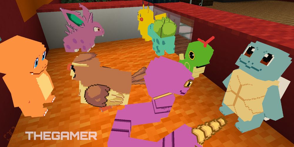 Various Pokemon standing on the carpet.  charmander, squirtle, bulbasaur, nidoqueen, pikachu