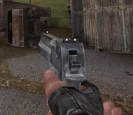 Player pointing a Deagle at a turned-over jeep