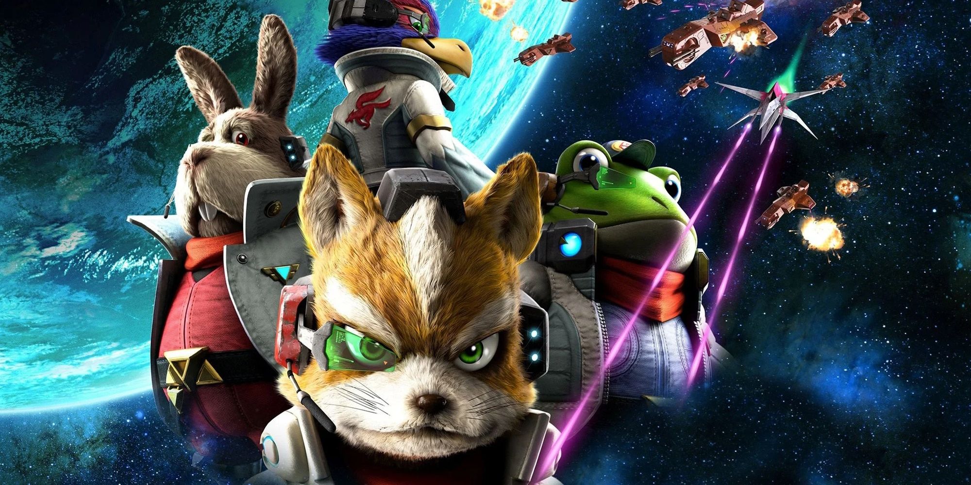 Star Fox Zero - Fox McColud, Falco Lombardi, Silppy Toad, And Peppy Hare In Space with Star Wolf Shooting At Them