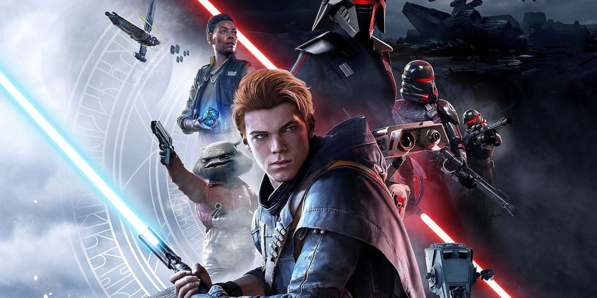 Star Wars Jedi Fallen Order Cal is central with other characters behind him in a poster-style image.