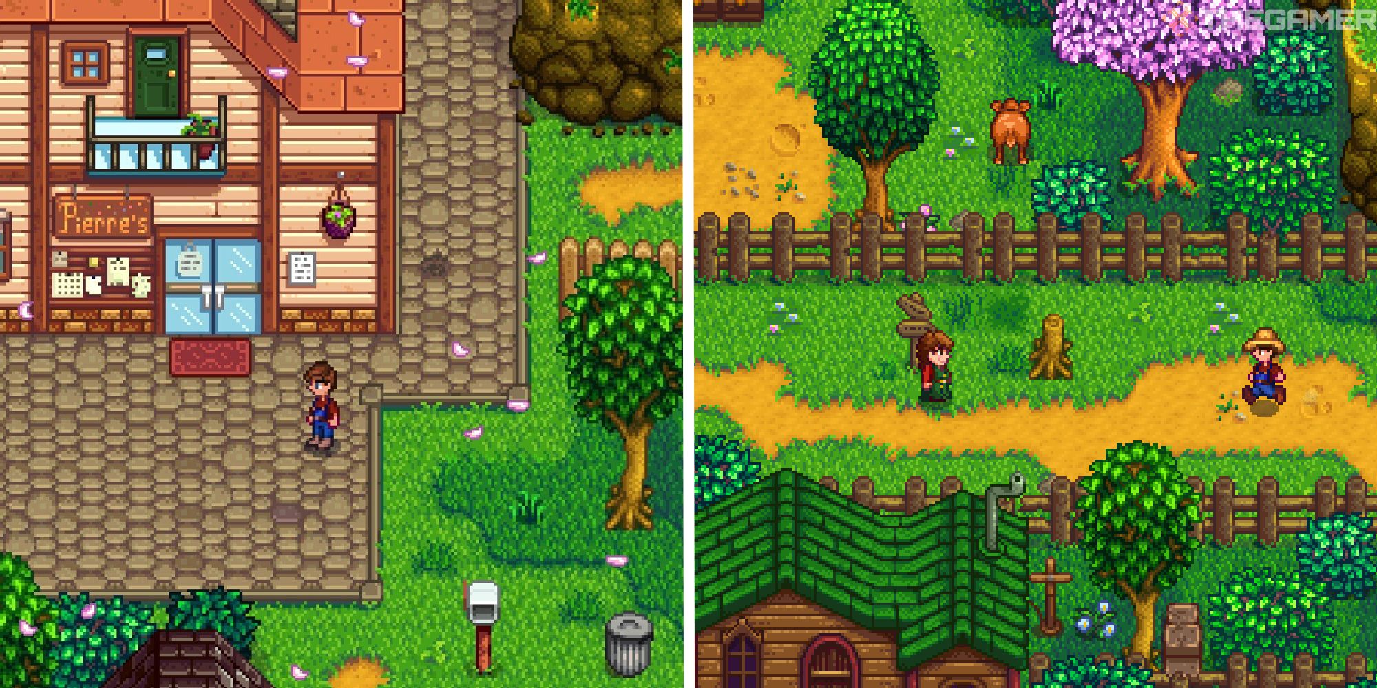 split image showing player outside of general store, next to image of player walking towards marnie