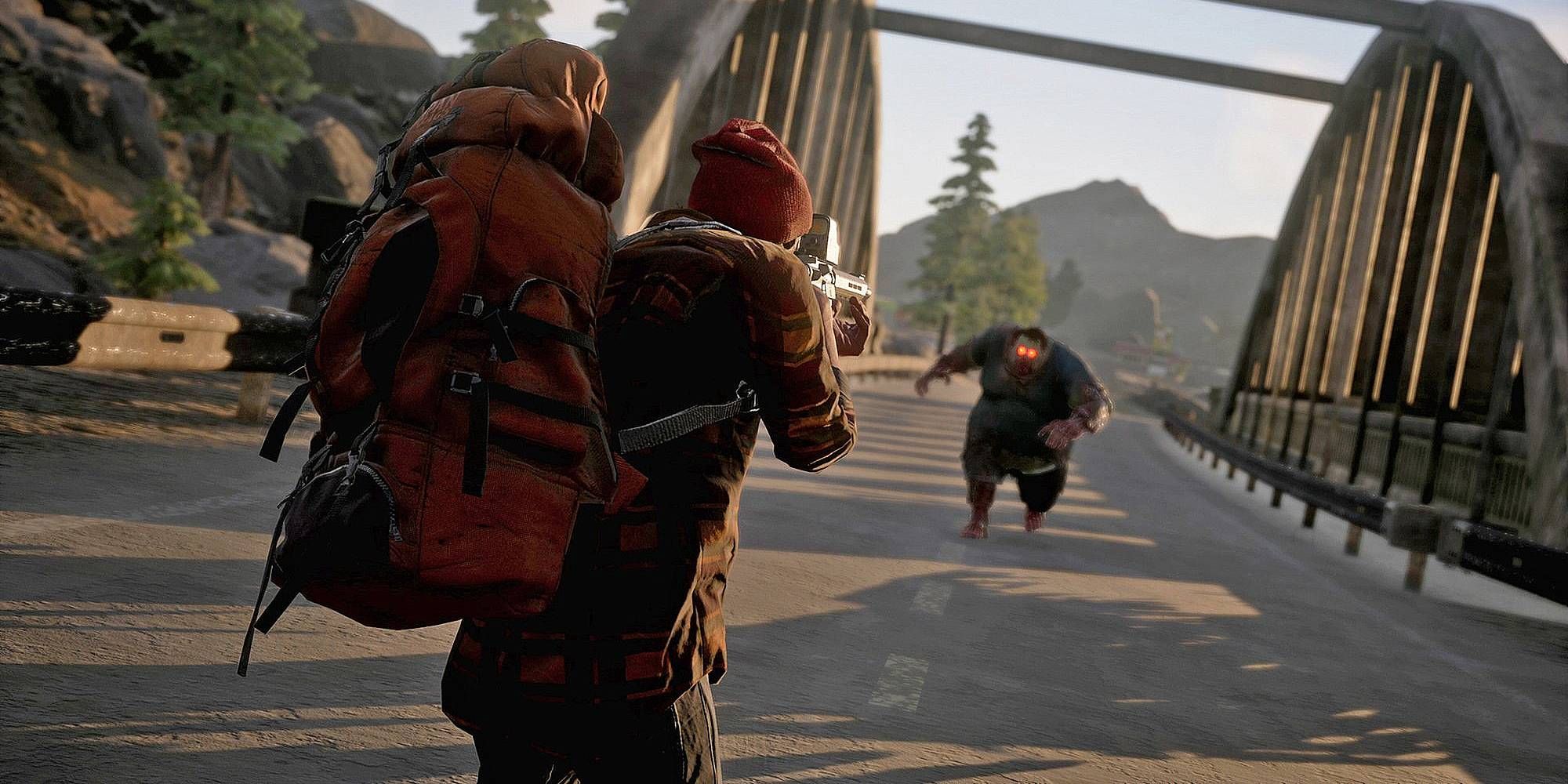 A character faces off against a bloated zombie in State of Decay 2.