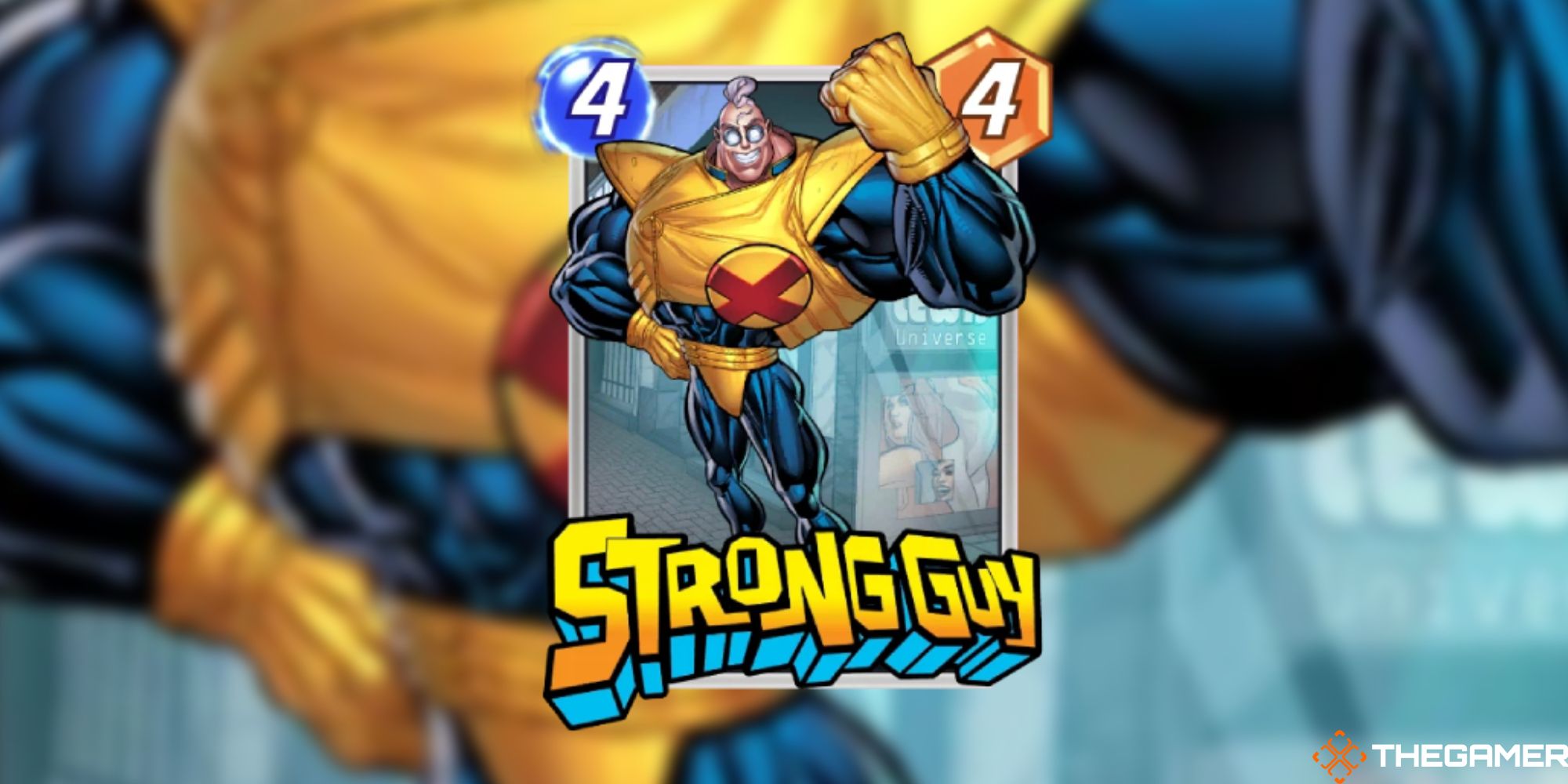 Card art of Strong Guy by Virgilio D'Ambrosio and Ryan Kinnaird from Marvel Snap