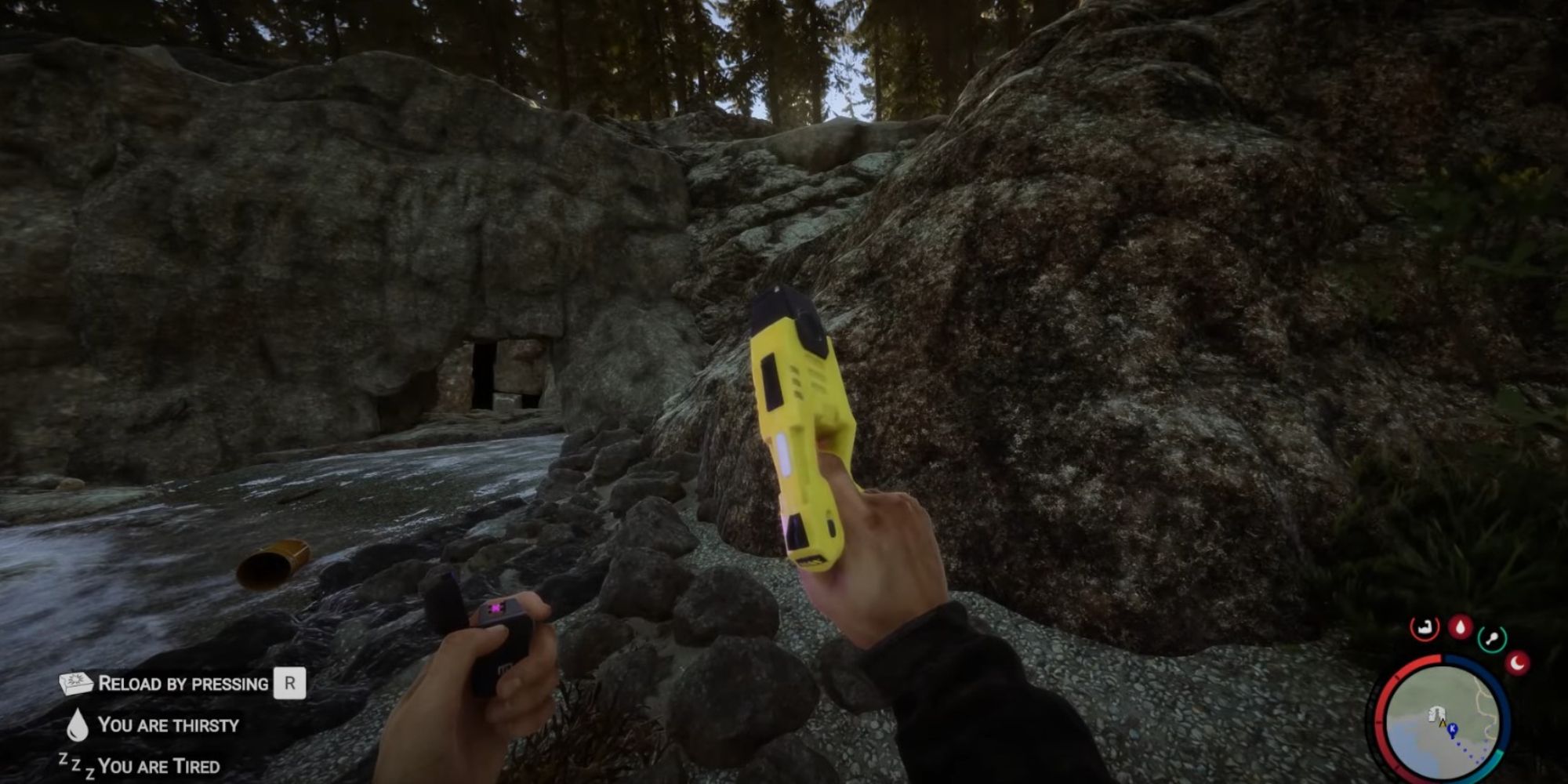 An image of the Taser from Sons Of The Forest, a yellow gun that shoots electricity to stun enemies. 